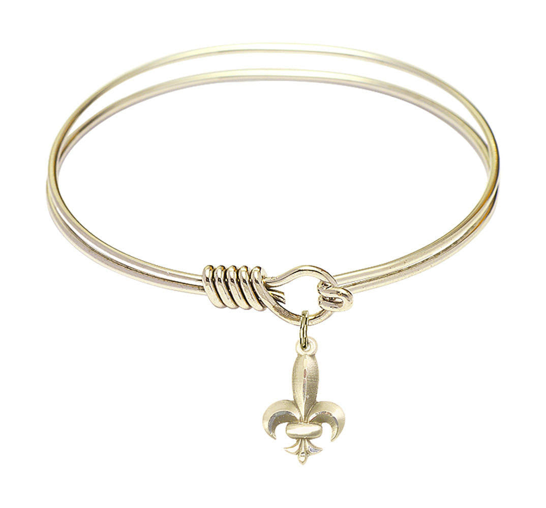 Fleur De Lis Round Eye Hook Bangle Bracelet - Gold-Filled Charm - 6.25 Inch 0293GF