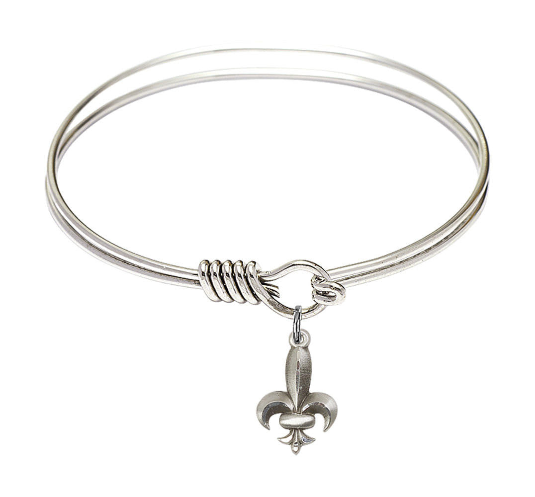 Fleur De Lis Round Eye Hook Bangle Bracelet - Sterling Silver Charm - 6.25 Inch 0293SS