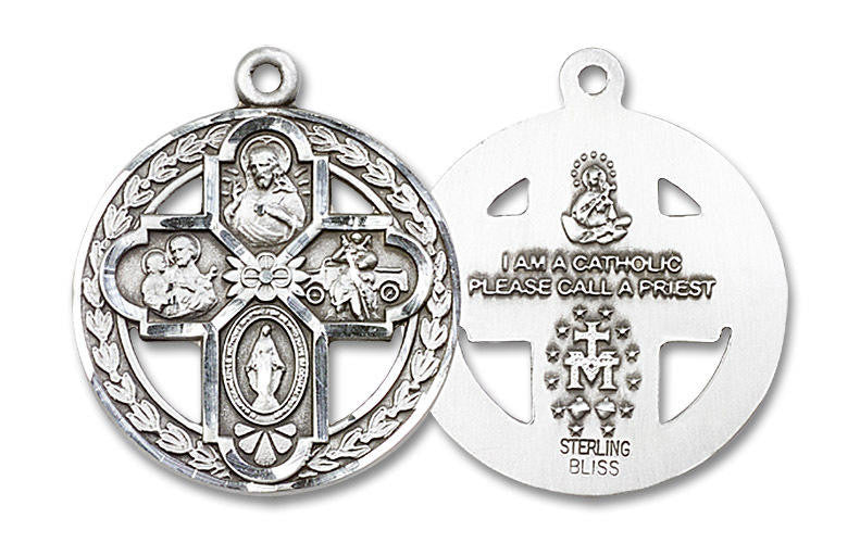 Framed 4-Way Medal - Sterling Silver 1 1/8 x 1 Round Pendant 0043CSS
