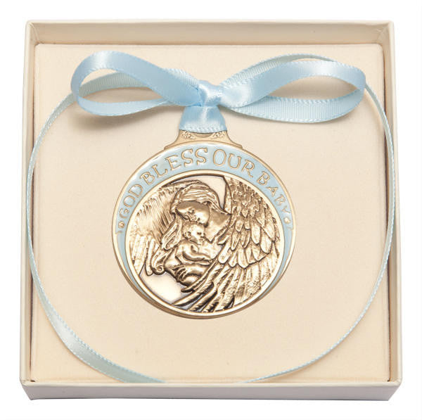 Gold Oxide Baby With Angel Crib Medal With Blue Ribbon - Pendant 4300BGX