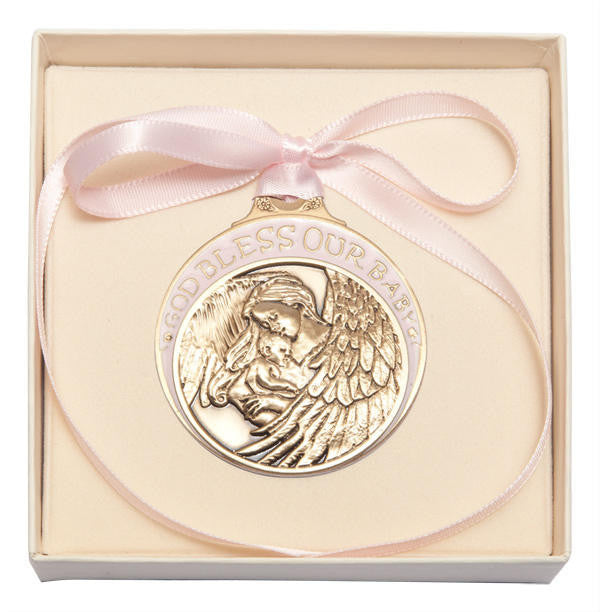 Gold Oxide Baby With Angel Crib Medal With Pink Ribbon - Pendant 4300PGX