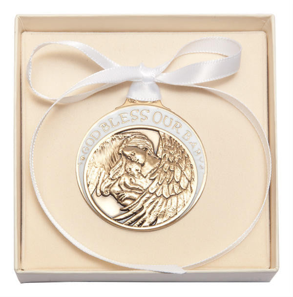 Gold Oxide Baby With Angel Crib Medal With White Ribbon - Pendant 4300WGX