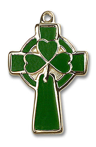 Green Shamrock Celtic Cross Pendant - 14kt Gold 1 x 5/8 5693