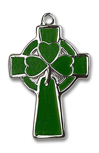 Green Shamrock Celtic Cross Pendant - Sterling Silver 1 x 5/8 5693SS