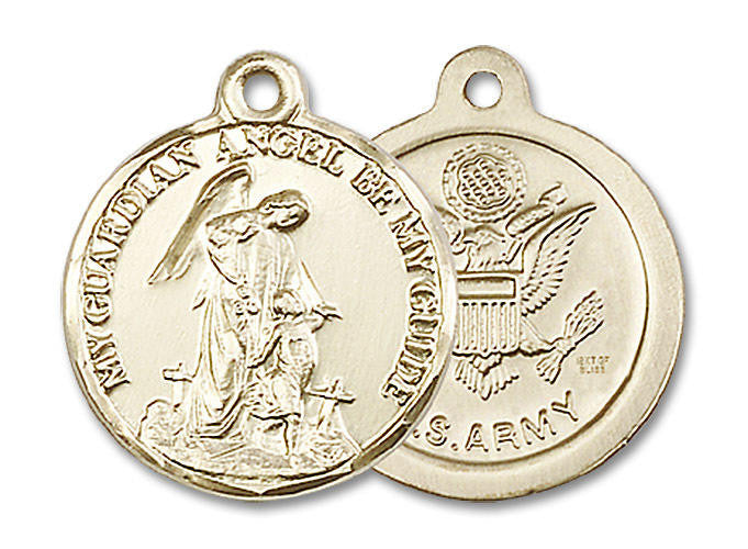 Guardain Angel Army Medal - 14kt Gold 7/8 x 3/4 Round Pendant 0341