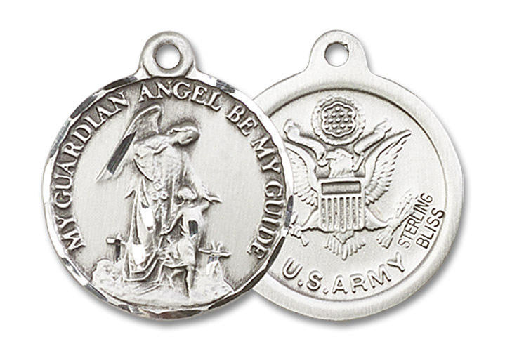 Guardian Angel Army Medal - Sterling Silver 7/8 x 3/4 Round Pendant 0341SS2