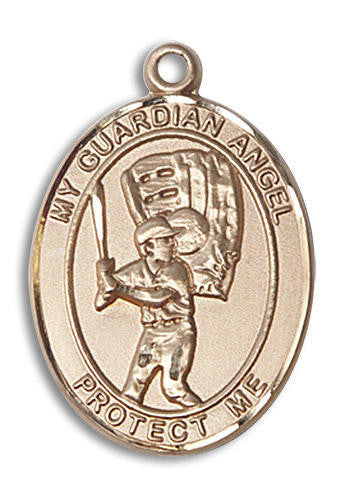 Guardian Angel Baseball Medal - 14kt Gold Oval Pendant 2 Sizes