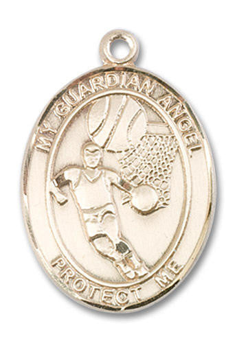 Guardian Angel Basketball Medal - 14kt Gold Oval Pendant 2 Sizes