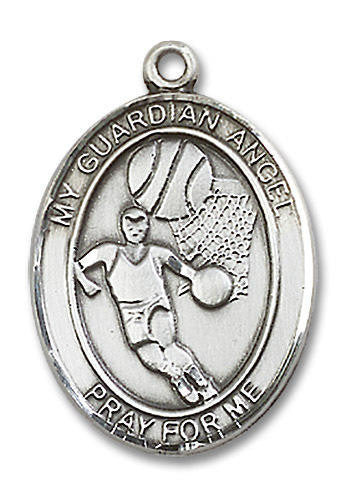 Guardian Angel Basketball Medal - Sterling Silver Oval Pendant 2 Sizes