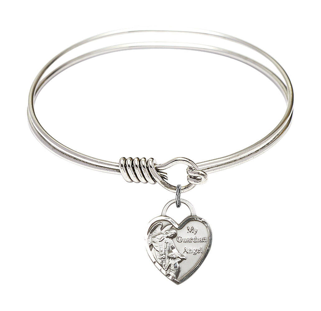 Guardian Angel Heart Round Eye Hook Bangle Bracelet - Sterling Silver Charm - 6.25 Inch 3402SS