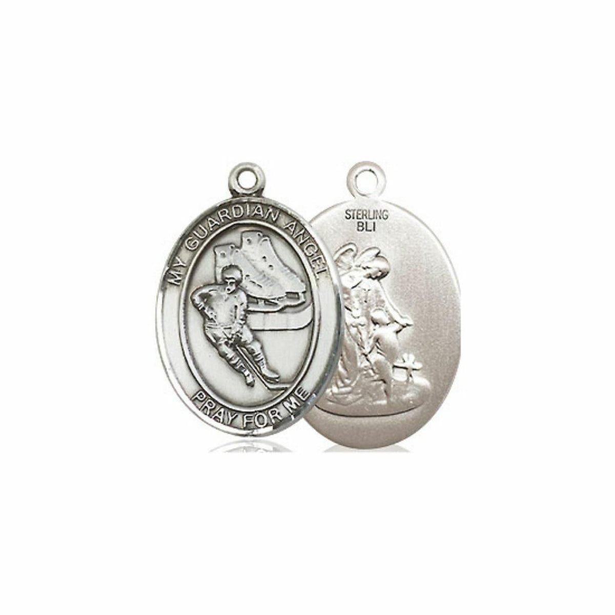 Guardian Angel Hockey Medal - Sterling Silver Oval Pendant 2 Sizes