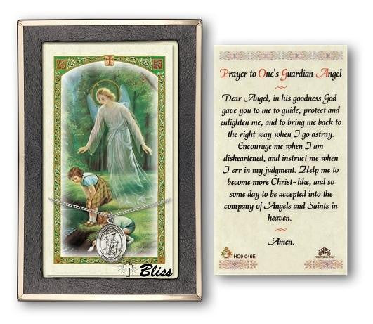Guardian Angel Medal With Prayer Card - Sterling Silver 3/4 x 1/2 Oval Pendant PC8118SS