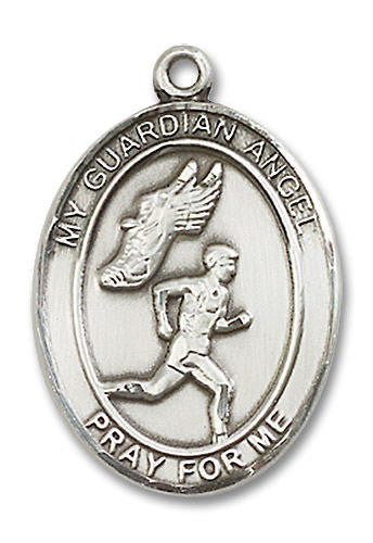 Guardian Angel Mens Track and Field Medal - Sterling Silver Oval Pendant 2 Sizes