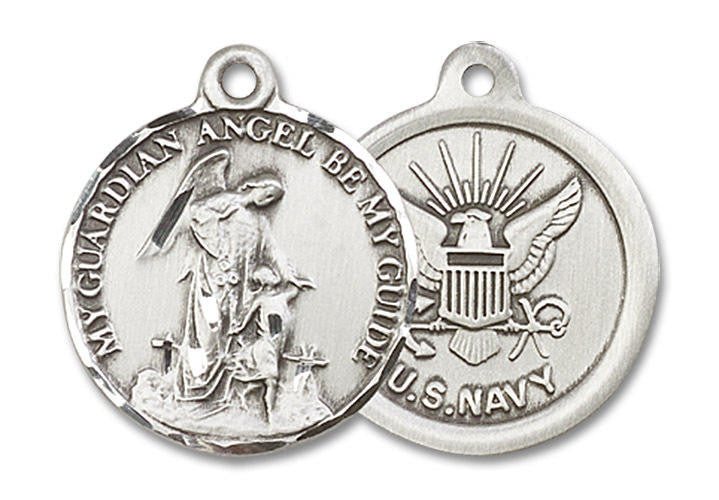 Guardian Angel Navy Medal - Sterling Silver 7/8 x 3/4 Round Pendant 0341SS6