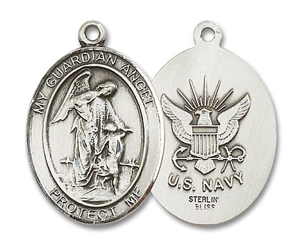 Guardian Angel Navy Medal - Sterling Silver Oval Pendant 3 Sizes