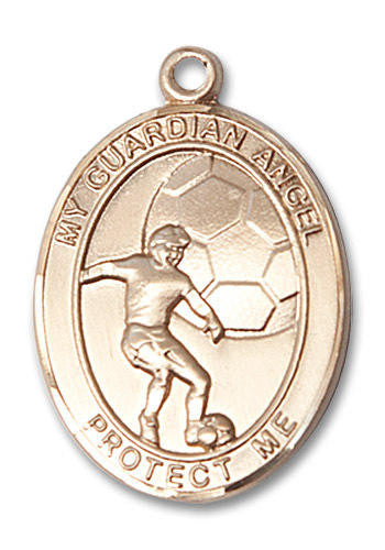 Guardian Angel Soccer Medal - 14kt Gold Oval Pendant 2 Sizes