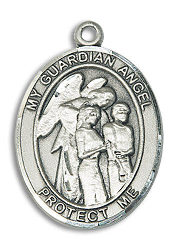 Guardian Angel with Children Medal - Sterling Silver Oval Pendant 2 Sizes