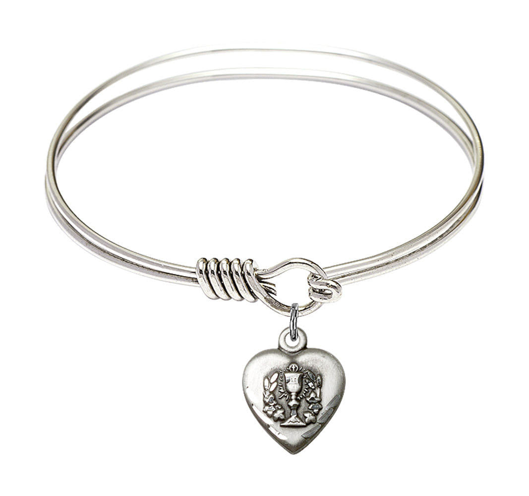 Heart - Communion Round Eye Hook Bangle Bracelet - Sterling Silver Charm - 6.25 Inch 0892SS