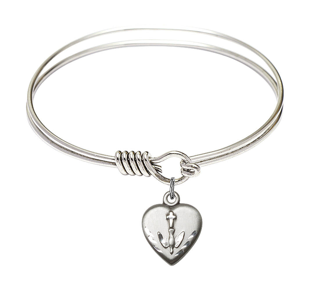 Heart - Confirmation Round Eye Hook Bangle Bracelet - Sterling Silver Charm - 6.25 Inch 0891SS