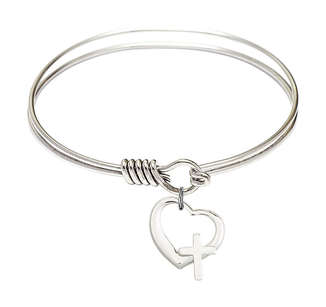 Heart - Cross Round Eye Hook Bangle Bracelet - Sterling Silver Charm - 6.25 Inch 4207SS