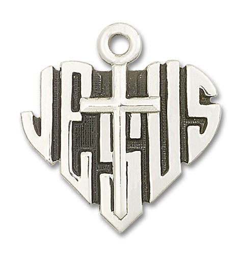 Heart of Jesus with Large Cross Pendant - Sterling Silver 1 1/8 x 1 1/8 6044SS