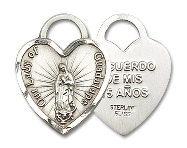 Heart Shaped Our Lady of Guadalupe Quinceanera Pendant - Sterling Silver 3/4 x 5/8 3209SS