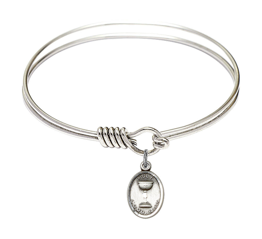 Holy Communion Round Eye Hook Bangle Bracelet - Sterling Silver Charm - 6.25 Inch 0976SS
