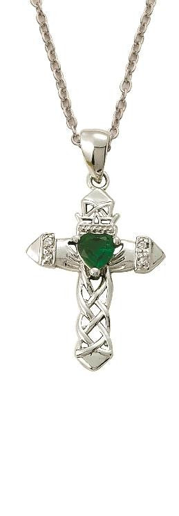Irish Green Heart Cross Necklace - Sterling Silver Pendant on 18 Stainless Chain SX9053SH