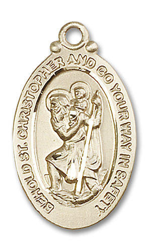 Large Behold St Christopher Medal - 14kt Gold 1 1/8 x 5/8 Oval Pendant 4145C
