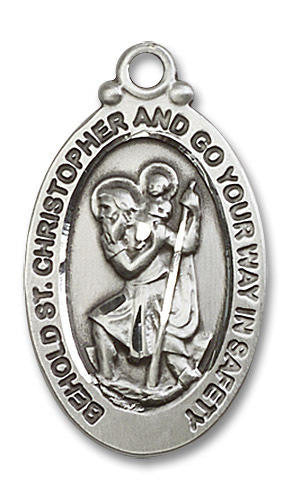 Large Behold St Christopher Medal - Sterling Silver 1 1/8 x 5/8 Oval Pendant 4145CSS