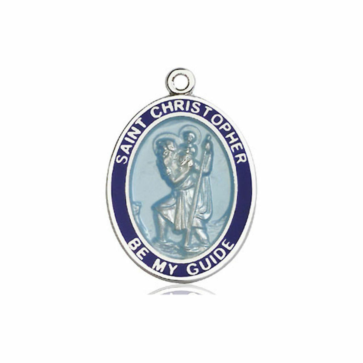 Large Blue St Christopher Medal - Sterling Silver 1 x 3/4 Blue Rimmed Oval Pendant 7022BBSS