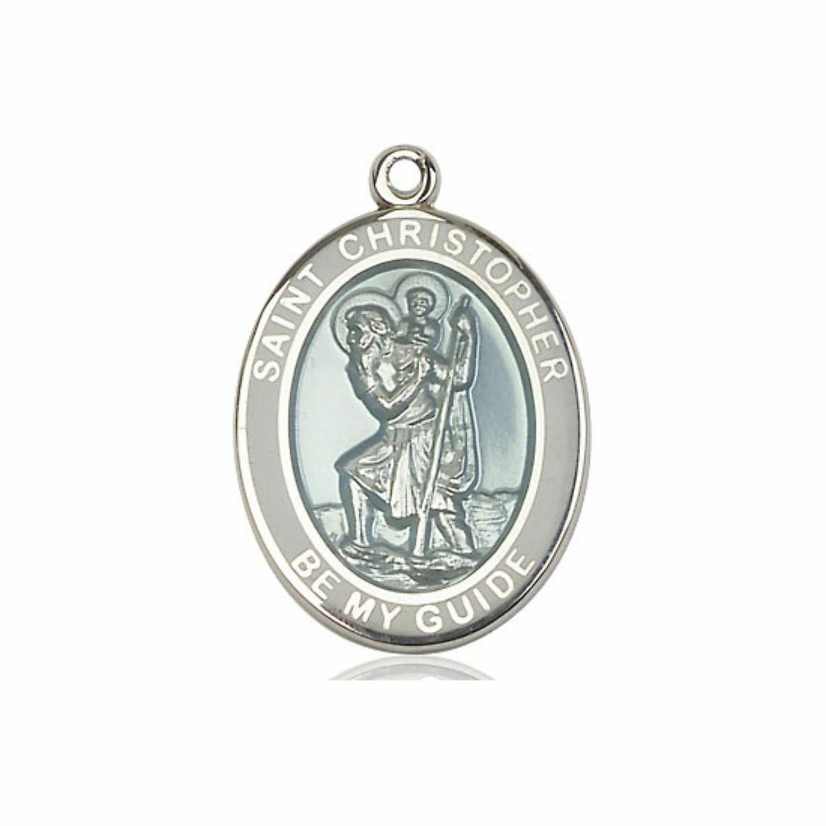 Large Blue St Christopher Medal - Sterling Silver 1 x 3/4 White Rimmed Oval Pendant 7022WBSS