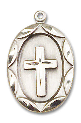 Large Embellished Cross Medal - Sterling Silver 1 x 5/8 Oval Pendant 0801YSS