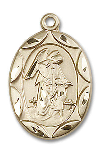 Large Embellished Guardian Angel Medal - 14kt Gold 1 x 5/8 Oval Pendant 0801E