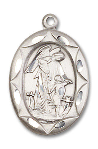 Large Embellished Guardian Angel Medal - Sterling Silver 1 x 5/8 Oval Pendant 0801ESS