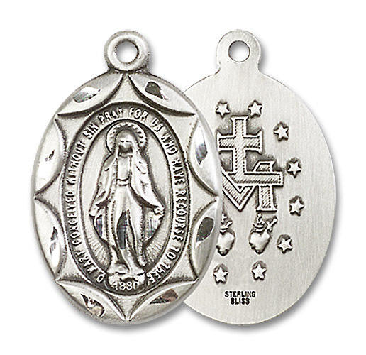 Large Embellished Miraculous Medal - Sterling Silver 1 x 5/8 Oval Pendant 0801MSS