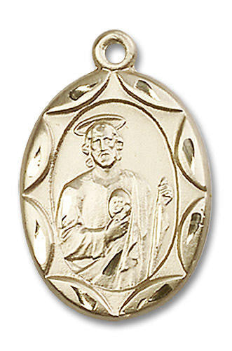 Large Embellished St Jude Medal - 14kt Gold 1 x 5/8 Oval Pendant 0801J