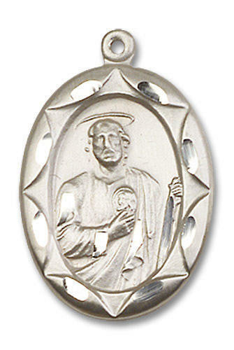 Large Embellished St Jude Medal - Sterling Silver 1 x 5/8 Oval Pendant 0801JSS