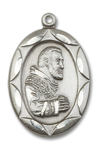 Large Embellished St Padre Pio Medal - Sterling Silver 1 x 5/8 Oval Pendant 0801PISS