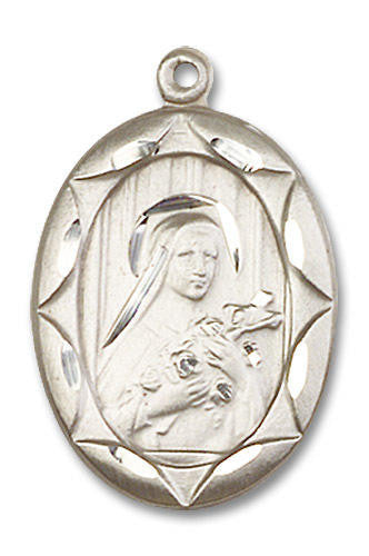 Large Embellished St Theresa Medal - Sterling Silver 1 x 5/8 Oval Pendant 0801TSS