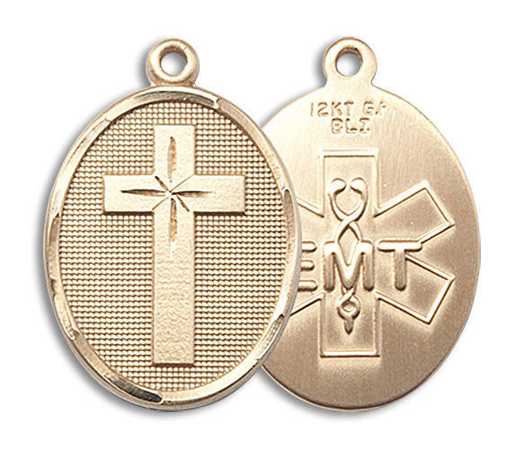 Large EMT Cross Medal - 14kt Gold 1 1/8 x 3/4 Oval Pendant 0783
