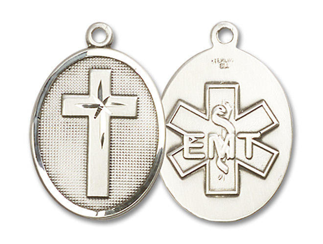Large EMT Cross Medal - Sterling Silver 1 1/8 x 3/4 Oval Pendant 0783SS10