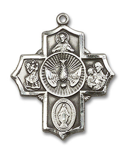 Large Holy Spirit 5-Way Medal - Sterling Silver 1 1/4 x 1 Pendant 5690SS