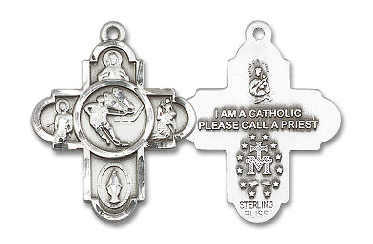 Large Ice Hockey 5-Way Medal - Sterling Silver 1 x 1 5/8 Pendant 5744SS