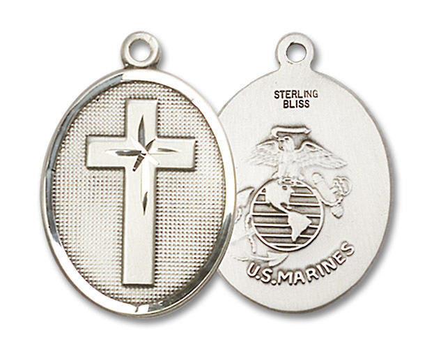 Large Marines Cross Medal - Sterling Silver 1 1/8 x 3/4 Oval Pendant 0783SS4
