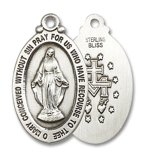 Large Miraculous Medal - Sterling Silver 1 1/8 x 5/8 Oval Pendant 4145MSS