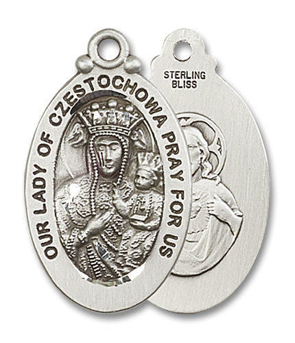 Large Our Lady of Czestochowa and Sacred Heart Medal - Sterling Silver 1 1/8 x 5/8 Oval Pendant 6095SS
