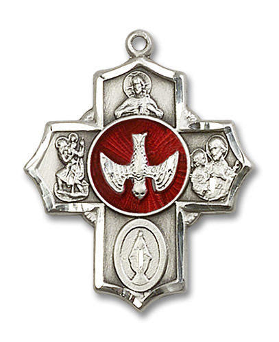 Large Red Inlay 5-Way Confirmation Medal - Sterling Silver 1 1/4 x 1 Pendant 5690ESS
