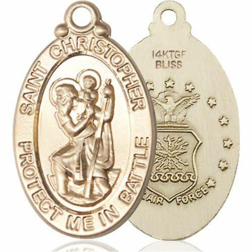Large St Christopher Air Force Medal - 14kt Gold 1 1/8 x 5/8 Oval Pendant 1175