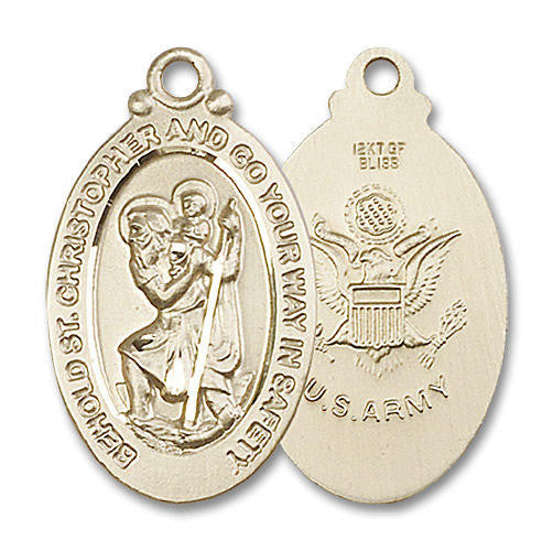 Large St Christopher Army Medal - 14kt Gold 1 1/8 x 5/8 Oval Pendant 4145